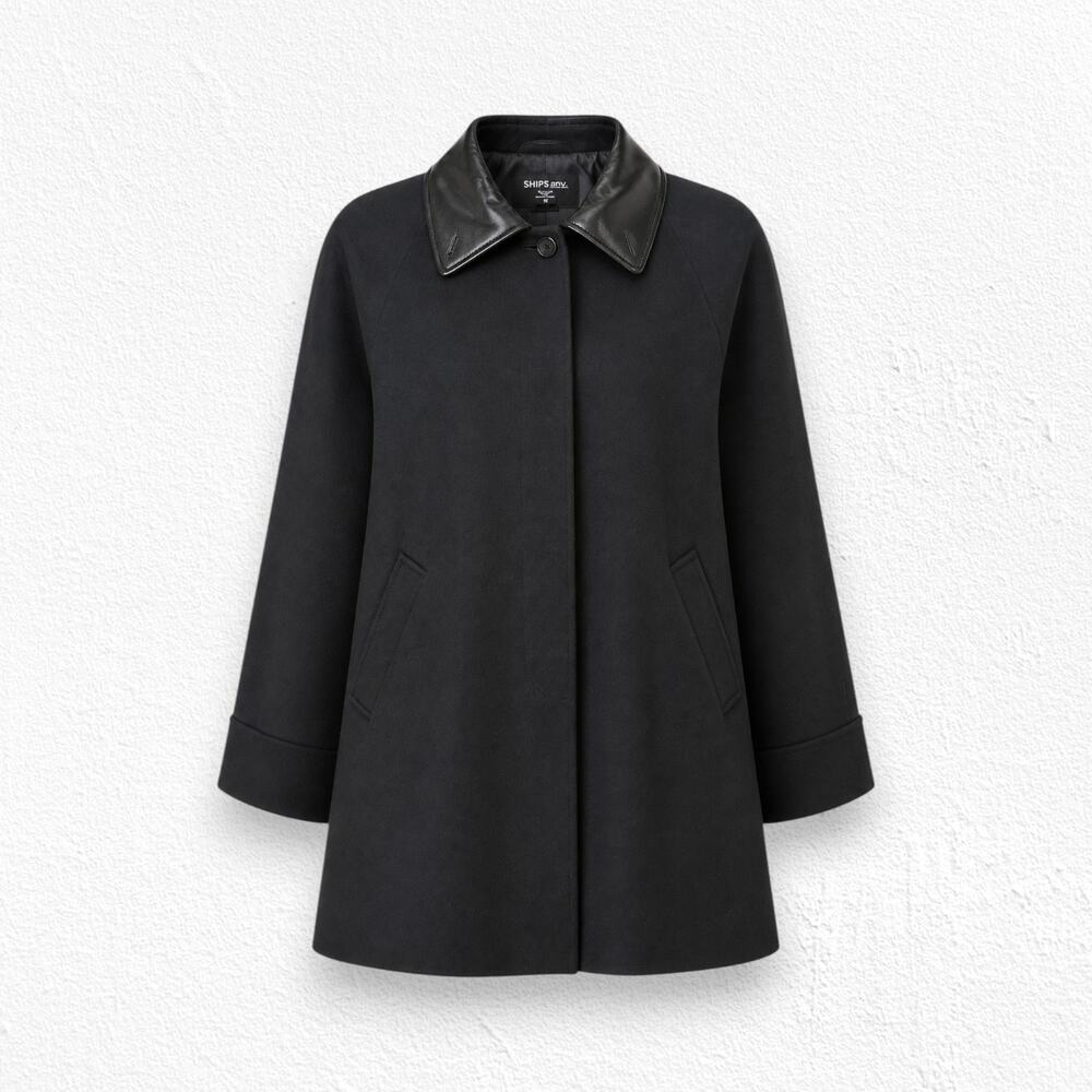 Vintage 80s Black Wool Cocoon Coat Faux Leather Contrast Trim USA Made Size 12